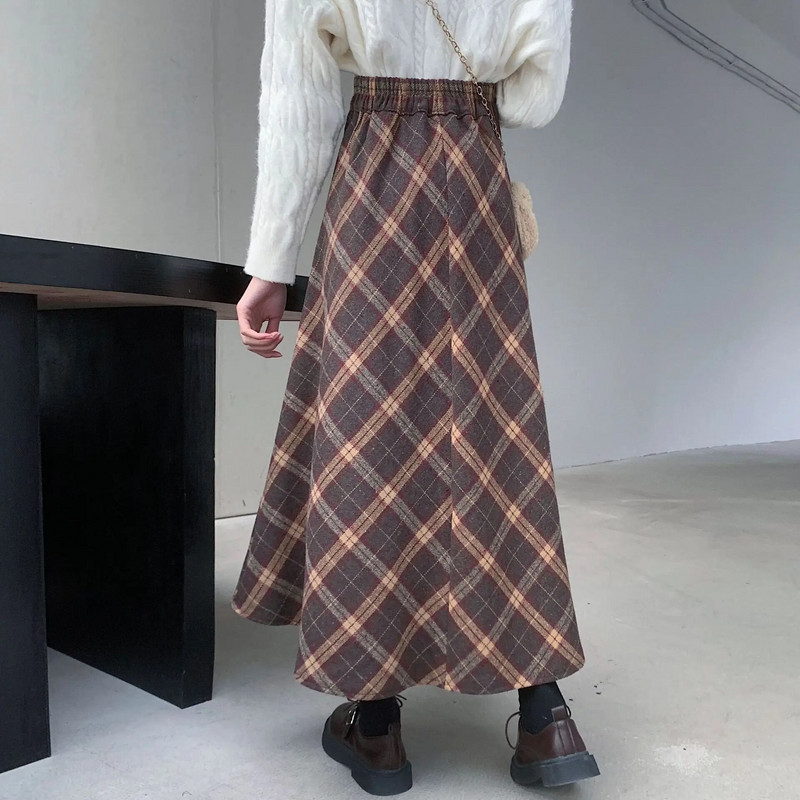 2023. aasta Korea stiilis suures suuruses villane midiseelik sügistalveks A-sarja ruudulised seelikud