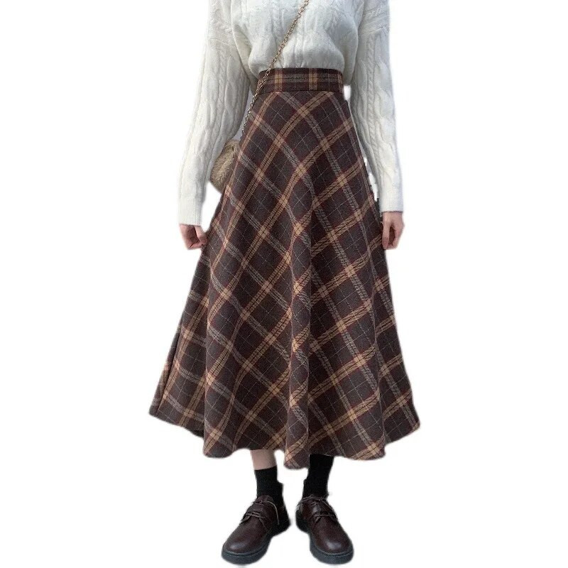 2023. aasta Korea stiilis suures suuruses villane midiseelik sügistalveks A-sarja ruudulised seelikud