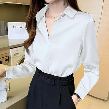 Сатенена дамска риза Винтидж блуза с дълъг ръкав Дамски копринени елегантни дамски горнища Луксозна бяла риза Есенно женско облекло