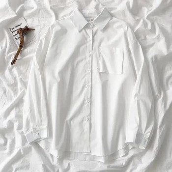 DAYIFUN Λευκό μακρυμάνικο γυναικείο πουκάμισο Φθινοπωρινό γυριστό γιακά Φαρδύ JK Uniform Φοιτητική μπλούζα Vintage Oversize Top Γυναικεία μπλούζα