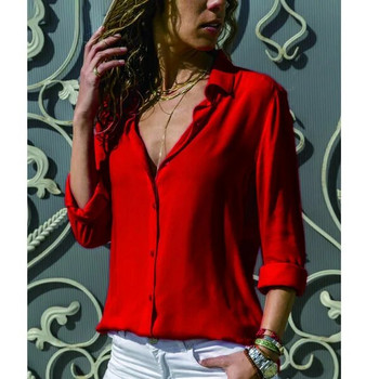 Пролет Есен 2022 Ежедневна блуза с дълъг ръкав Елегантни дамски топове с един ред копчета Дамски дрехи Улично облекло Дамска черна червена риза