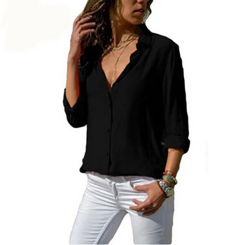 Пролет Есен 2022 Ежедневна блуза с дълъг ръкав Елегантни дамски топове с един ред копчета Дамски дрехи Улично облекло Дамска черна червена риза