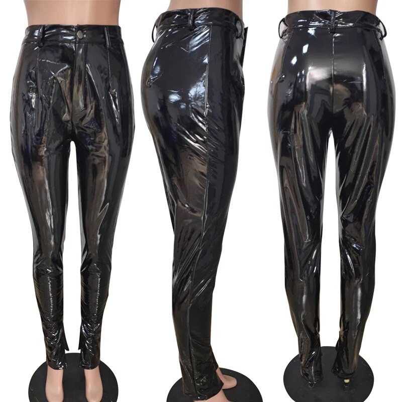 Didelio dydžio seksualūs, elastingi, siauri apvadu suskaldyti pu odiniai pieštukų kelnės, 4XL užtrauktukas.