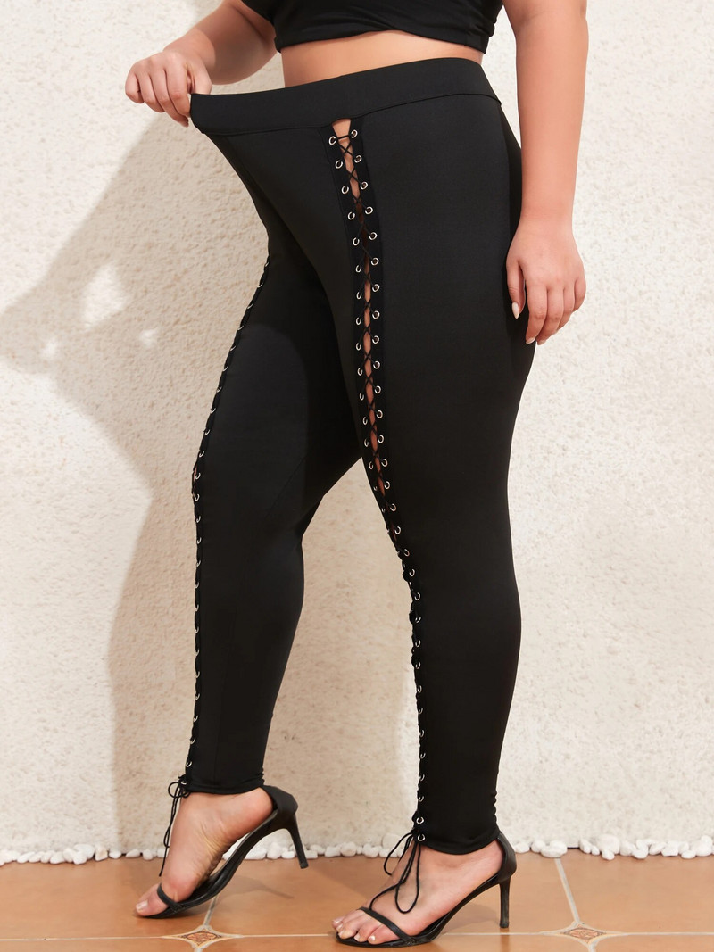 2023. aasta sügis ja talv Suures suuruses nööriga retuusid, naiste moes mustad kitsad püksid paeltega