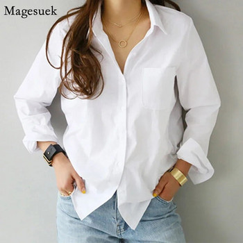 Γυναικείες μακρυμάνικο μπλούζες Μπλούζες γραφείου Κομψό κουμπί Casual βαμβακερό λευκό πουκάμισο Γυναικείο πουκάμισο με γυριστό γιακά Φαρδιά γυναικεία μπλούζα 3496