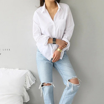 Дамски блузи с дълги ръкави, офис елегантни копчета, ежедневна памучна бяла риза, дамска широка блуза с отложна яка, дамска 3496