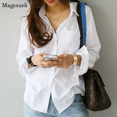 Дамски блузи с дълги ръкави, офис елегантни копчета, ежедневна памучна бяла риза, дамска широка блуза с отложна яка, дамска 3496