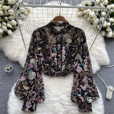 Prantsuse elegantsed šikkad volangid, lilledega prinditud šifoonist O-kaelusega naiste kevadsuvised pluussärgid laternaga varrukatega pullover pluusid 2023