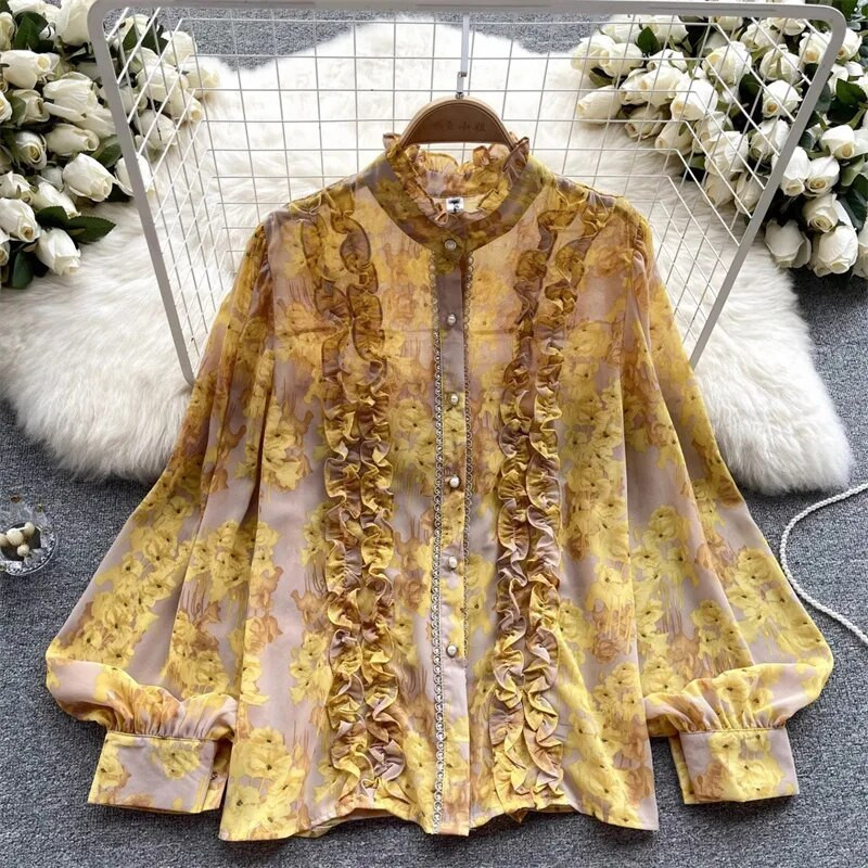 Prantsuse elegantsed šikkad volangid, lilledega prinditud šifoonist O-kaelusega naiste kevadsuvised pluussärgid laternaga varrukatega pullover pluusid 2023