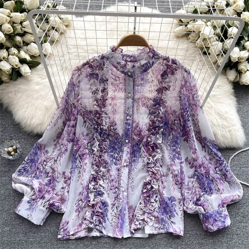 Prantsuse elegantsed šikkad volangid, lilledega prinditud šifoonist O-kaelusega naiste kevadsuvised pluussärgid laternaga varrukatega pullover pluusid 2023