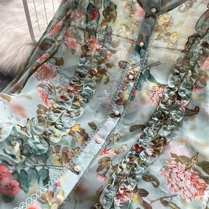 Prantsuse elegantsed šikkad volangid, lilledega prinditud šifoonist O-kaelusega naiste kevadsuvised pluussärgid laternaga varrukatega pullover pluusid 2023