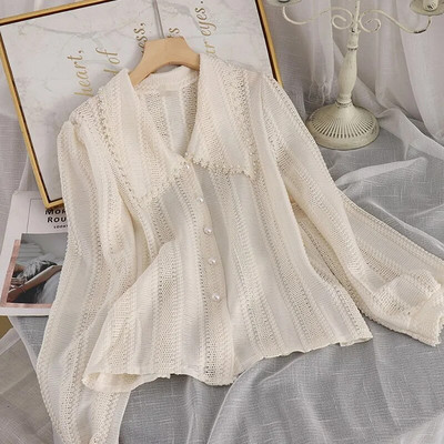 Elegantiška nėrinių palaidinė moteriška pavasario nauja tuščiavidurė Peter Pan apykaklė balta viršutinė madinga moteriška ilgomis rankovėmis solidūs marškiniai 14562