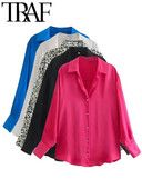 TRAF Vasaros mados satino Moteriški marškiniai Palaidinės Viršutinės baltos spalvos ilgomis rankovėmis V kaklo sagomis užsegami moteriški laisvalaikio drabužiai 2023 m.