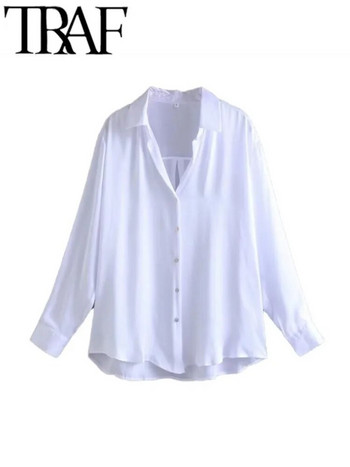 TRAF Καλοκαιρινή μόδα σατέν γυναικεία πουκάμισα μπλούζες Μπλούζες Basic Λευκό μακρυμάνικο V λαιμόκοψη-up Γυναικεία πουκάμισα casual ρούχα 2023