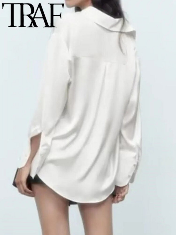 TRAF Vasaros mados satino Moteriški marškiniai Palaidinės Viršutinės baltos spalvos ilgomis rankovėmis V kaklo sagomis užsegami moteriški laisvalaikio drabužiai 2023 m.