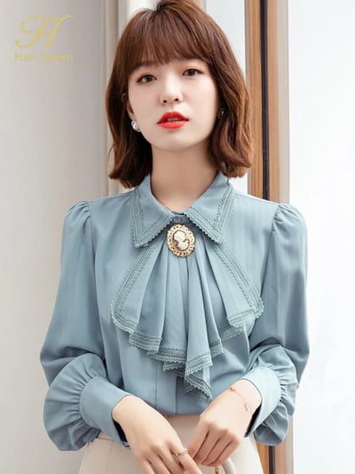 H Han Queen 2022 Spring Basic Särk Naiste pluusid Vintage töö vabaaja topid Šifoonpluus Korea disainiga pikkade varrukatega lahtised särgid