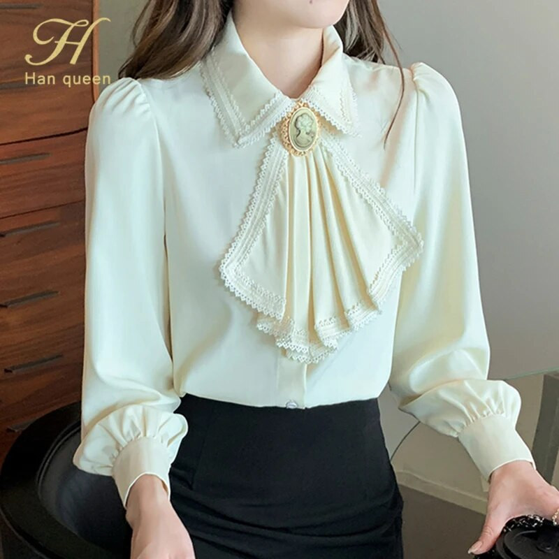 H Han Queen 2022 Spring Basic Särk Naiste pluusid Vintage töö vabaaja topid Šifoonpluus Korea disainiga pikkade varrukatega lahtised särgid