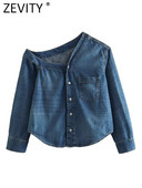 Zevity naiste mood ühe õlaga asümmeetriline teksariidest smock pluus Femme šikk taskunööbiga särk Chemise Blusas topsid LS3736