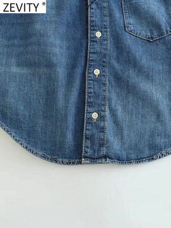 Zevity Дамска модна асиметрична дънкова блуза с едно рамо Femme Chic Pocket Buttons Shirt Chemise Blusas Tops LS3736
