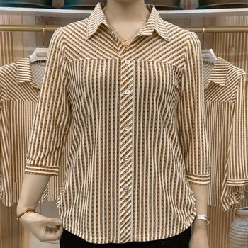 Μόδα φαρδιά ριγέ εμπριμέ πουκάμισο, καλοκαιρινά γυναικεία ρούχα Νέα 3/4 μανίκια μπλούζες με γυριστό γιακά με κουμπιά