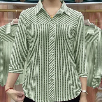 Μόδα φαρδιά ριγέ εμπριμέ πουκάμισο, καλοκαιρινά γυναικεία ρούχα Νέα 3/4 μανίκια μπλούζες με γυριστό γιακά με κουμπιά