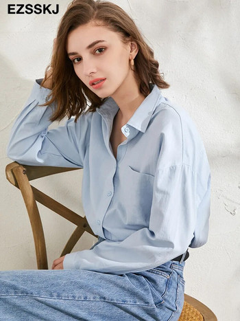 100% памук ежедневна свободна памучна блуза риза дамска едноцветна овърсайз дълга блуза риза дамска