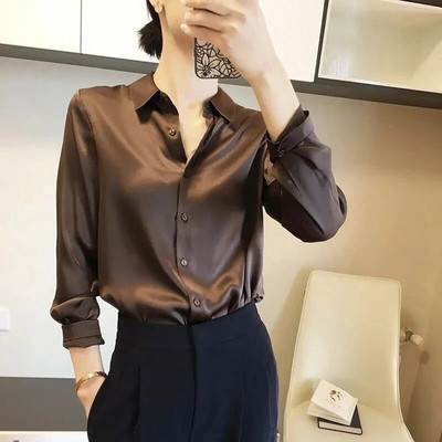 Prekės ženklo kokybės prabangūs moteriški marškiniai Elegantiški biuro marškinėliai ilgomis rankovėmis Momi Silk Crepe Satin Palaidinės Verslo moterims Topas