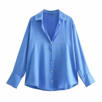 Γυναικείες σατέν μπλούζες με κουμπιά πουκάμισα μακρυμάνικο πουκάμισο γραφείου εργασίας με V λαιμόκοψη Φαρδύ μπλουζάκι Γυναικεία Vintage ρούχα Y2K