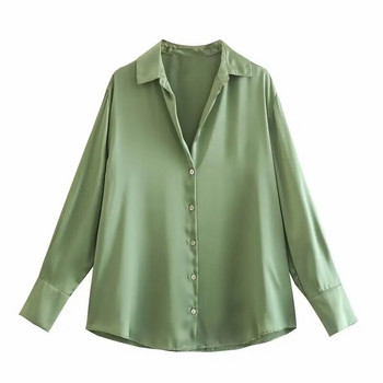 Дамски сатенени блузи с копчета, горнища с дълъг ръкав, ежедневна офис работна риза, широка тениска с V-образно деколте, дамска ретро Y2K облекло