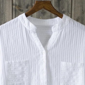 2023 Нови пролетни и летни ежедневни бели дамски ризи с V-образно деколте Свободни 100% памук Офис дамски елегантни блузи с двоен джоб Ризи и горнища
