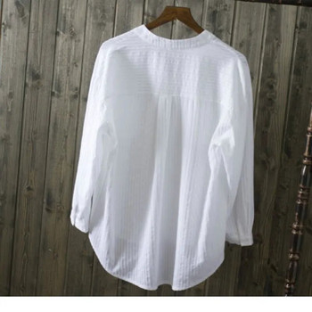 2023 Нови пролетни и летни ежедневни бели дамски ризи с V-образно деколте Свободни 100% памук Офис дамски елегантни блузи с двоен джоб Ризи и горнища