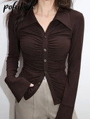 Tanka plisirana bluza Ženska seksi retro jednobojna majica s reverima Vintage francuska polo ovratnik s dugim rukavima i dizajnom