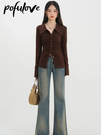 Γυναικεία λεπτή πλισέ μπλούζα Σέξι ρετρό μονόχρωμες μπλούζες με πέτο Vintage γαλλικό μακρυμάνικο σχέδιο Sense πουκάμισο με γιακά