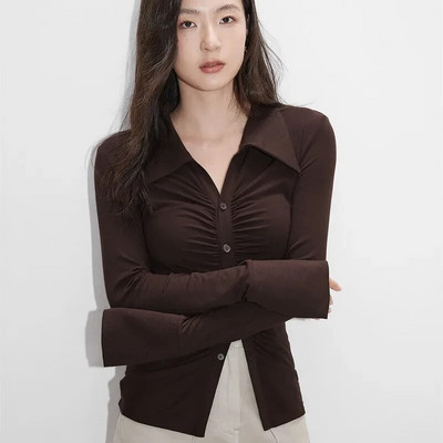 Tanka plisirana bluza Ženska seksi retro jednobojna majica s reverima Vintage francuska polo ovratnik s dugim rukavima i dizajnom