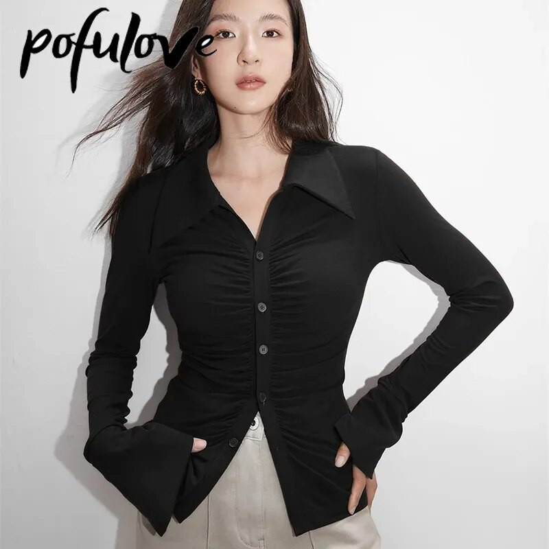 Tanka plisirana bluza Ženska seksi retro jednobojna majica s reverima Vintage francuska polo ovratnik s dugim rukavima i dizajnom