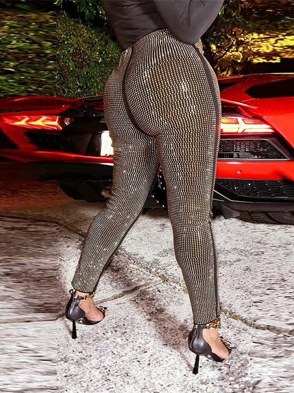 iDress Luksuslikud kõrge vöökohaga säärised Plus Size riided Glitter Rhinestone Bling Sparkly Party Club Sünnipäeva lava püksid