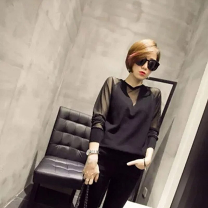 Ženske seksi bluze Pletene mrežaste patchwork majice Košulje Ženski proljetni puloveri Pleteni tanki crni