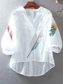 Puuvillane pitspluusid Lahtine suvetop naiste särk tikanditega Lilleline V-kaelusega latern varrukatega särk Temperament naiste õhuke särk