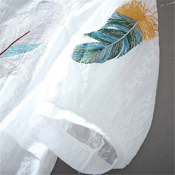 Памучни дантелени блузи Свободен летен топ Дамска риза с бродерия на цветя с V-образно деколте и ръкав с фенер Темпераментна тънка риза