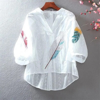 Puuvillane pitspluusid Lahtine suvetop naiste särk tikanditega Lilleline V-kaelusega latern varrukatega särk Temperament naiste õhuke särk