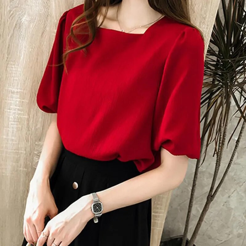 Suvine punane šifoonpluus Naiste vabaaja ühevärviline tavaline särk Moodne kandiline krae laternaga varrukatega topid