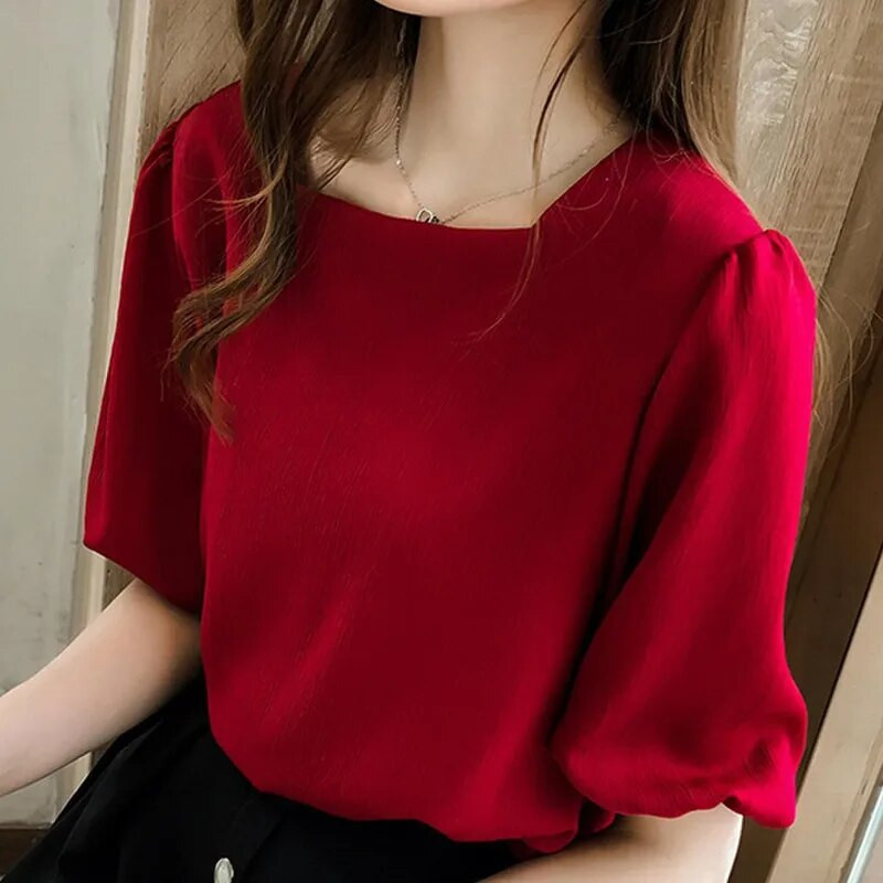 Suvine punane šifoonpluus Naiste vabaaja ühevärviline tavaline särk Moodne kandiline krae laternaga varrukatega topid
