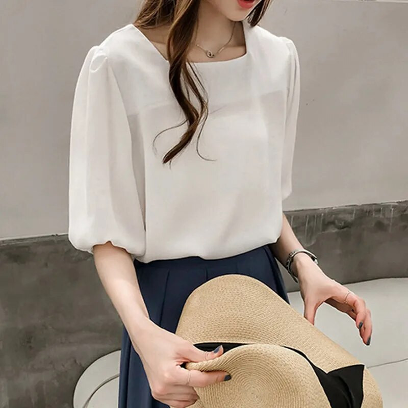 Suvine punane šifoonpluus Naiste vabaaja ühevärviline tavaline särk Moodne kandiline krae laternaga varrukatega topid