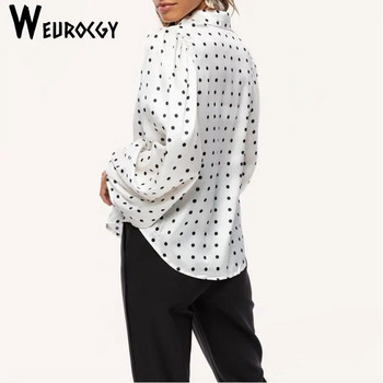 Лятна мода за свободното време Елегантни Harajuku Елегантни блузи на точки с копчета Свободни дълги фенерски ръкави с ревери Парти горнища Дамски ризи