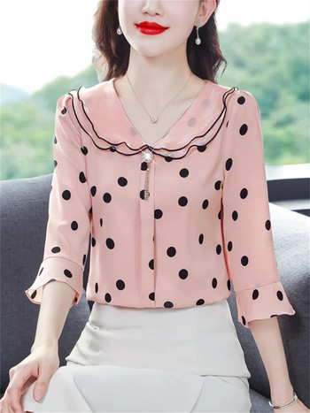Дамски пролетни летни блузи Ризи Дамска мода Ежедневни половин ръкав с волани Яка на точки Blusas Топове CT0216