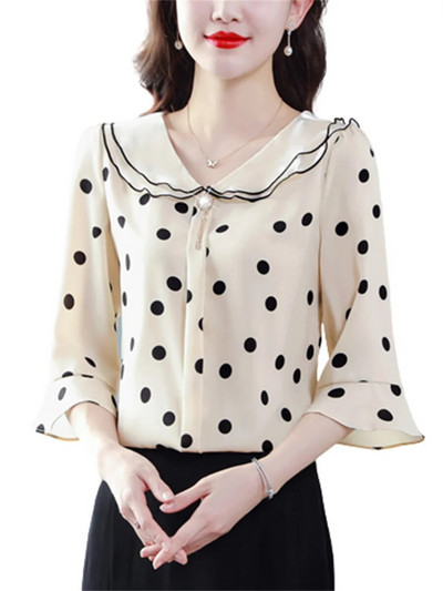 Дамски пролетни летни блузи Ризи Дамска мода Ежедневни половин ръкав с волани Яка на точки Blusas Топове CT0216