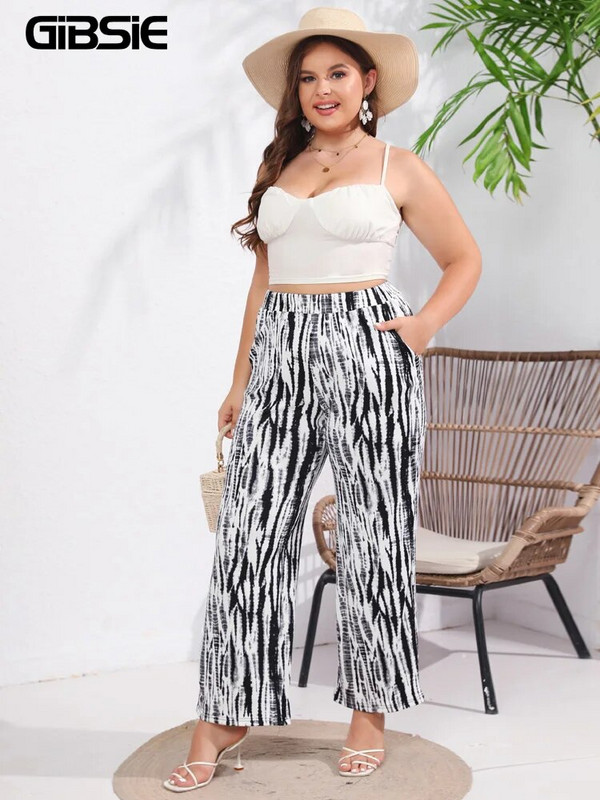 GIBSIE Plus Size Sebra Stripe sirge säärega püksid naistele Mood 2023 Suvine tasku elastne vöökoht Naiste vabaaja püksid