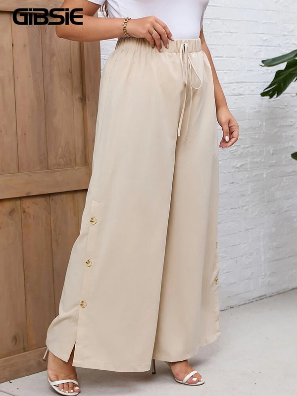 GIBSIE plius dydis, vientisas mazgas priekyje plačios kelnės Moteriškos pavasario vasaros elastinės juosmens sagos, skeltos laisvalaikio ilgos kelnės 2023 m. Nauja