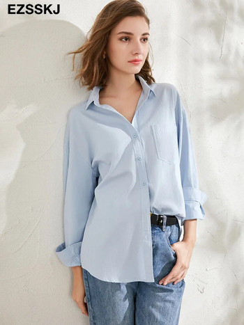 2023 νέο κομψό casual φαρδύ βαμβακερό πουκάμισο μπλούζα γυναικείο μονόχρωμο oversize μακριά μπλούζα γυναικεία