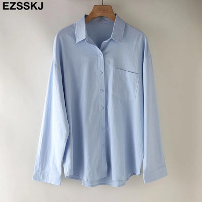 2023 m. naujos prašmatnios laisvalaikio medvilninės palaidinės marškinėliai moteriški vienspalviai oversize ilgos palaidinės marškiniai Moterys